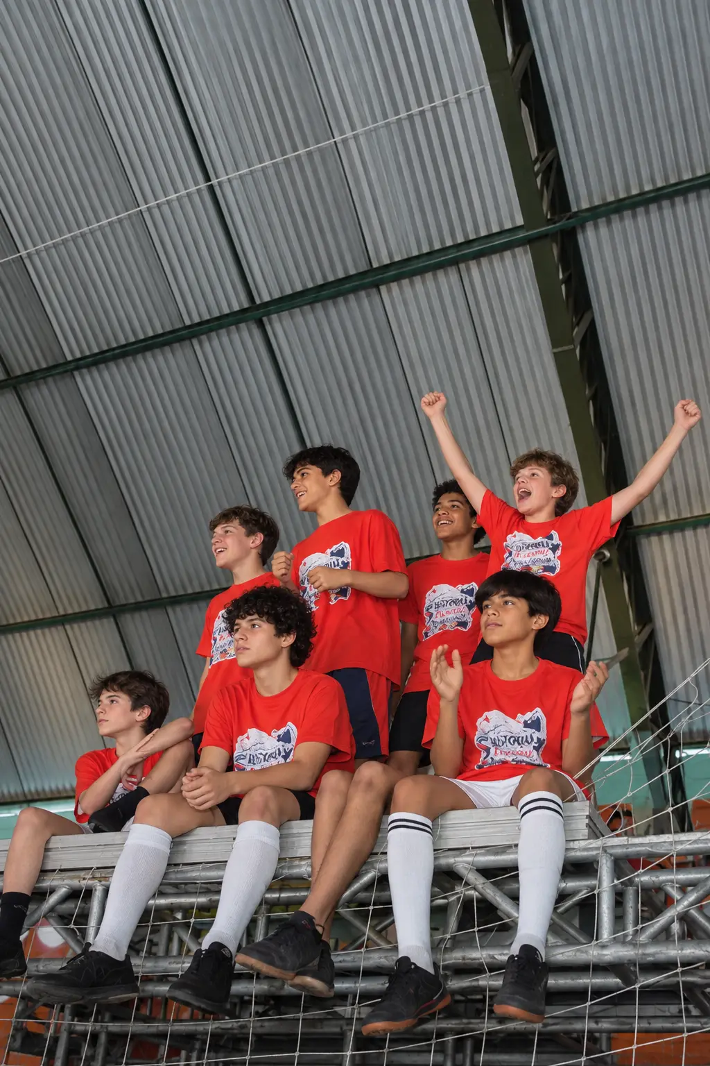 Alunos do Fundamental II torcendo na arquibancada durante a gincana